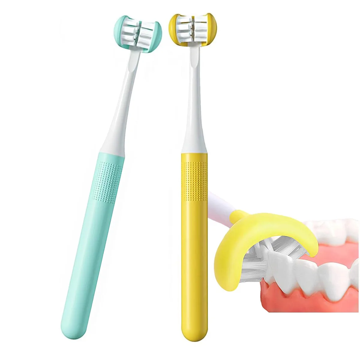 Two blue and yellow three-sided manual toothbrushes with white handles and soft bristles