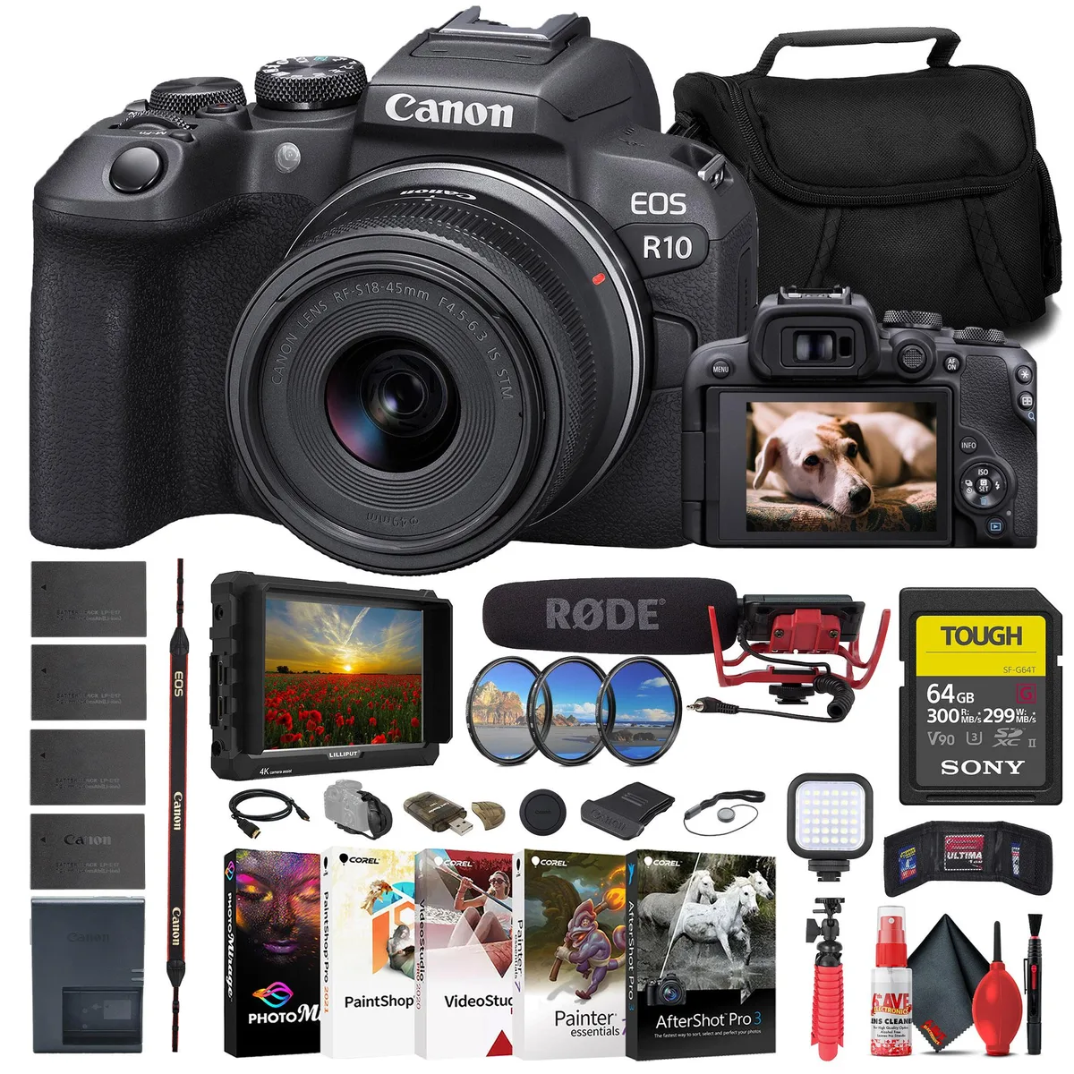 Canon Canon EOS R10 18-45mm kit with 4K monitor, VideoMic, 64GB card — product photo