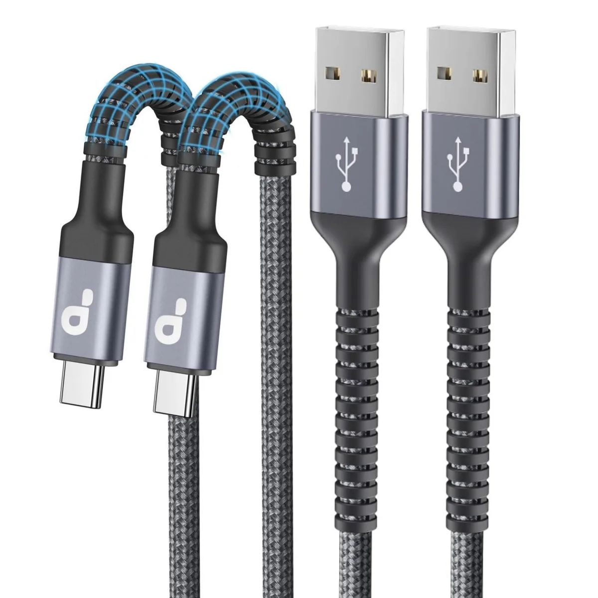Orange braided USB A to USB C cable, 3 ft long, grey connectors