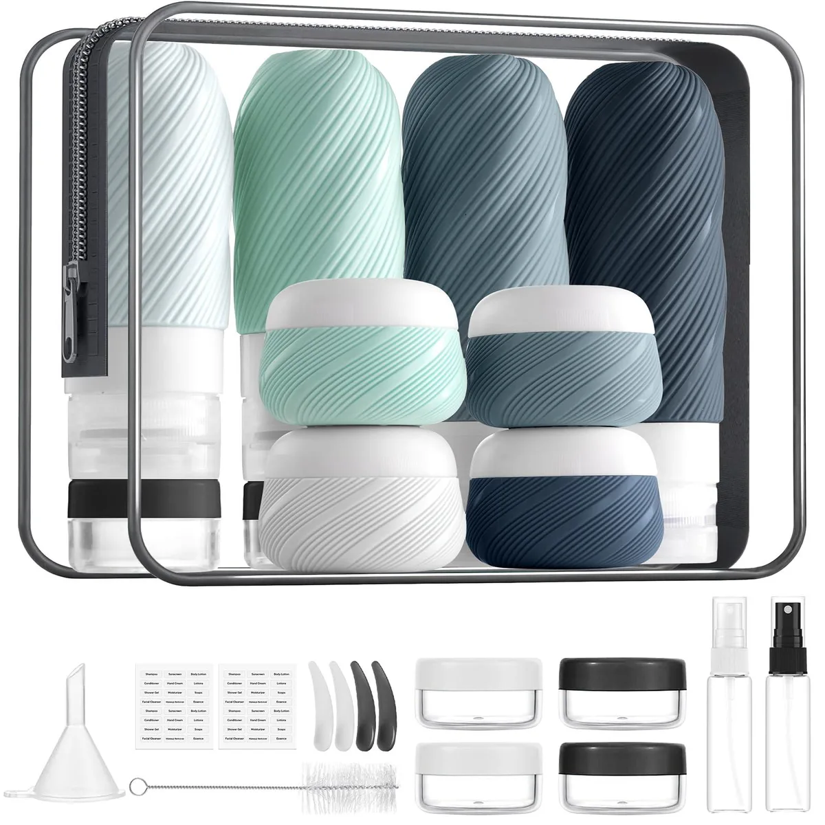 Gray 23-piece toiletry kit with bottles, jars, sprays, tools, and clear bag