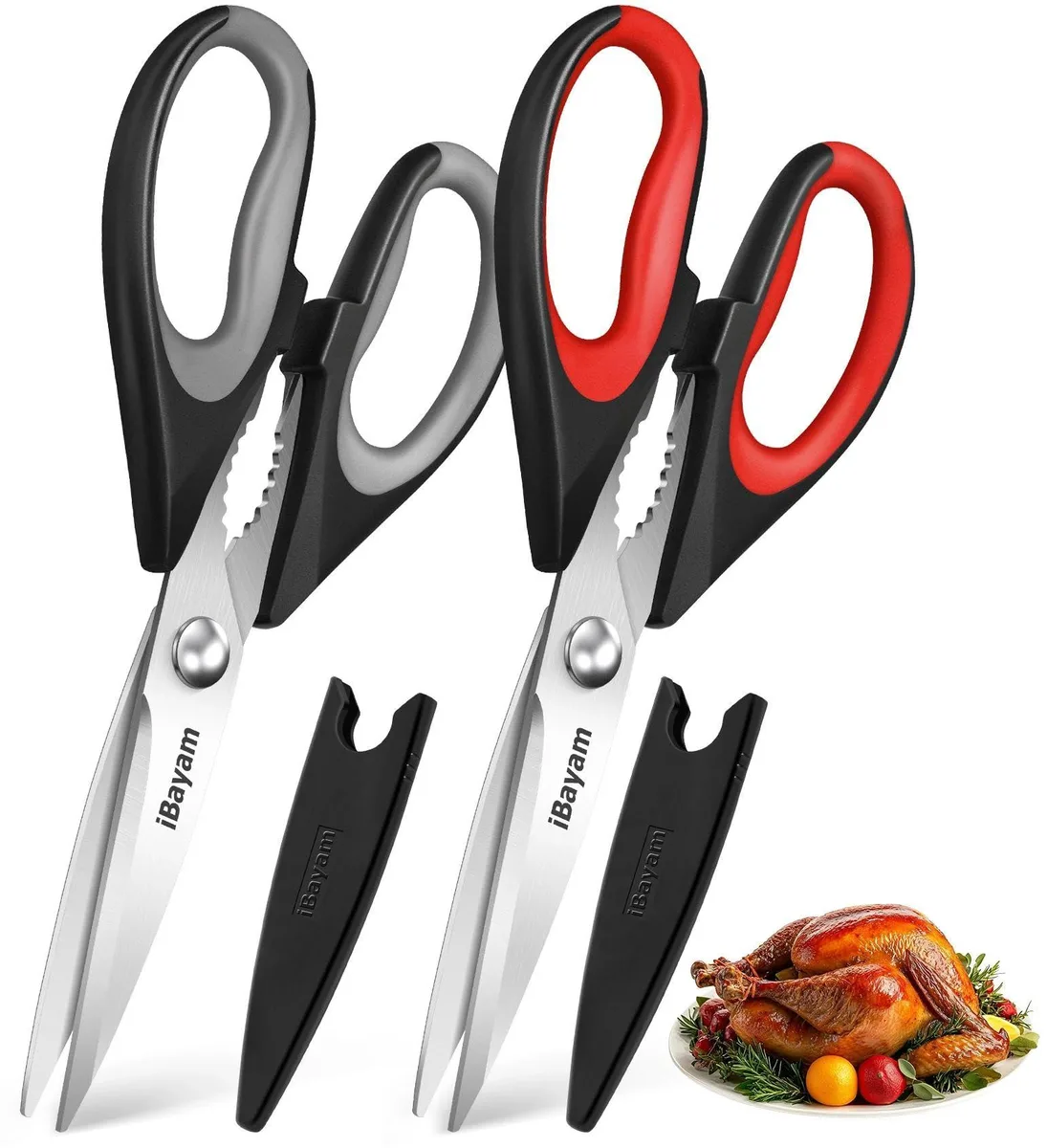 Two black stainless steel kitchen scissors 8.66 inches long with comfort grip handles