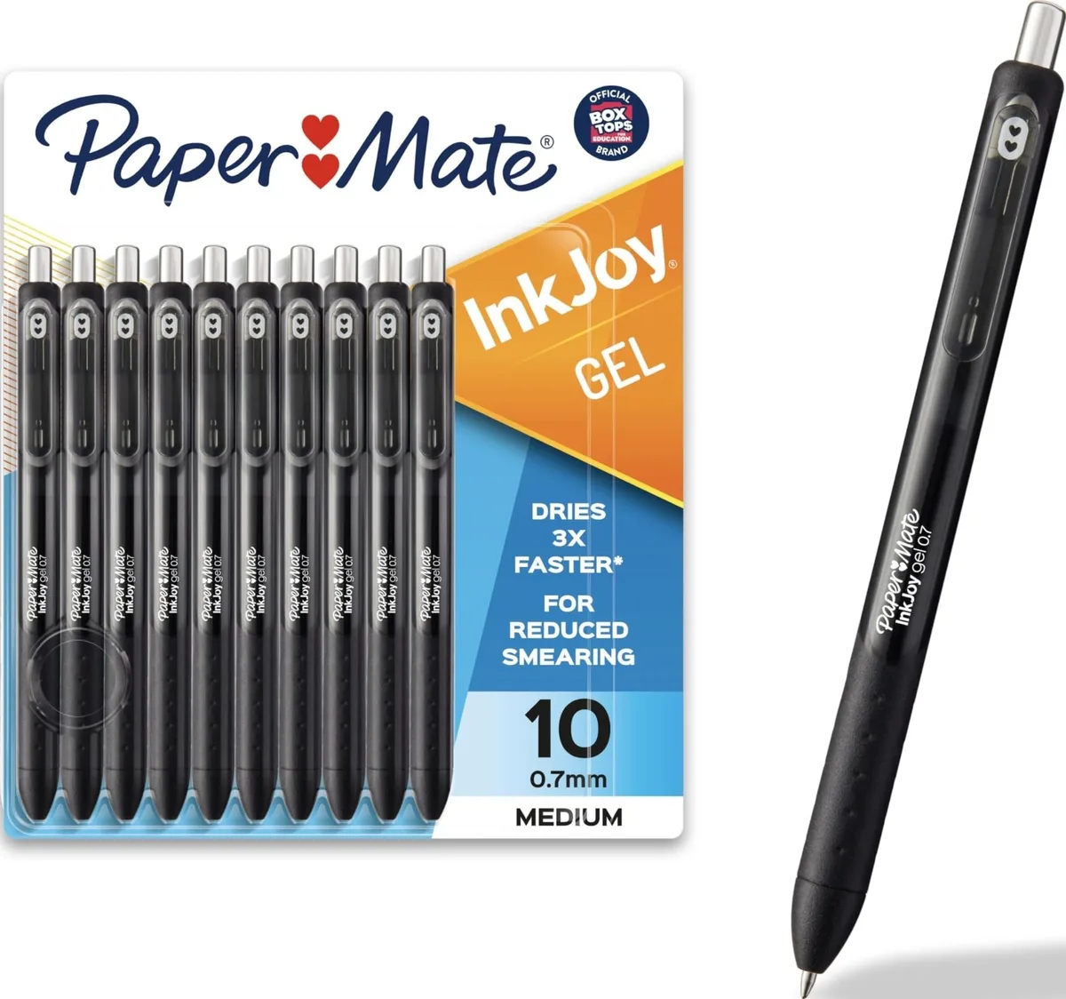 Ten black retractable gel pens with comfort grips in a pack