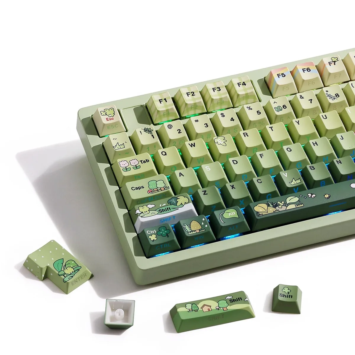 A set of 128 green frog-themed PBT keycaps in Cherry profile with side shine-through legends