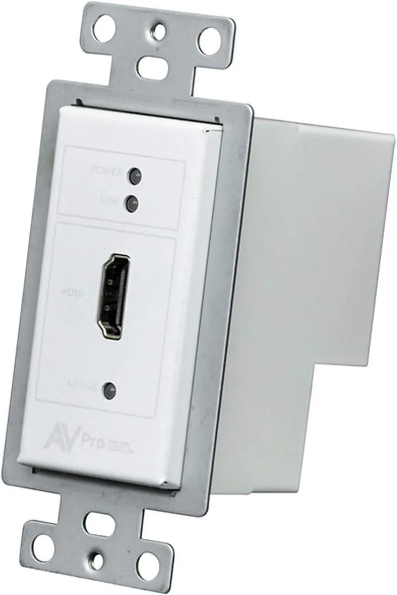 White single-gang HDMI wall plate transmitter with rear RJ45 port