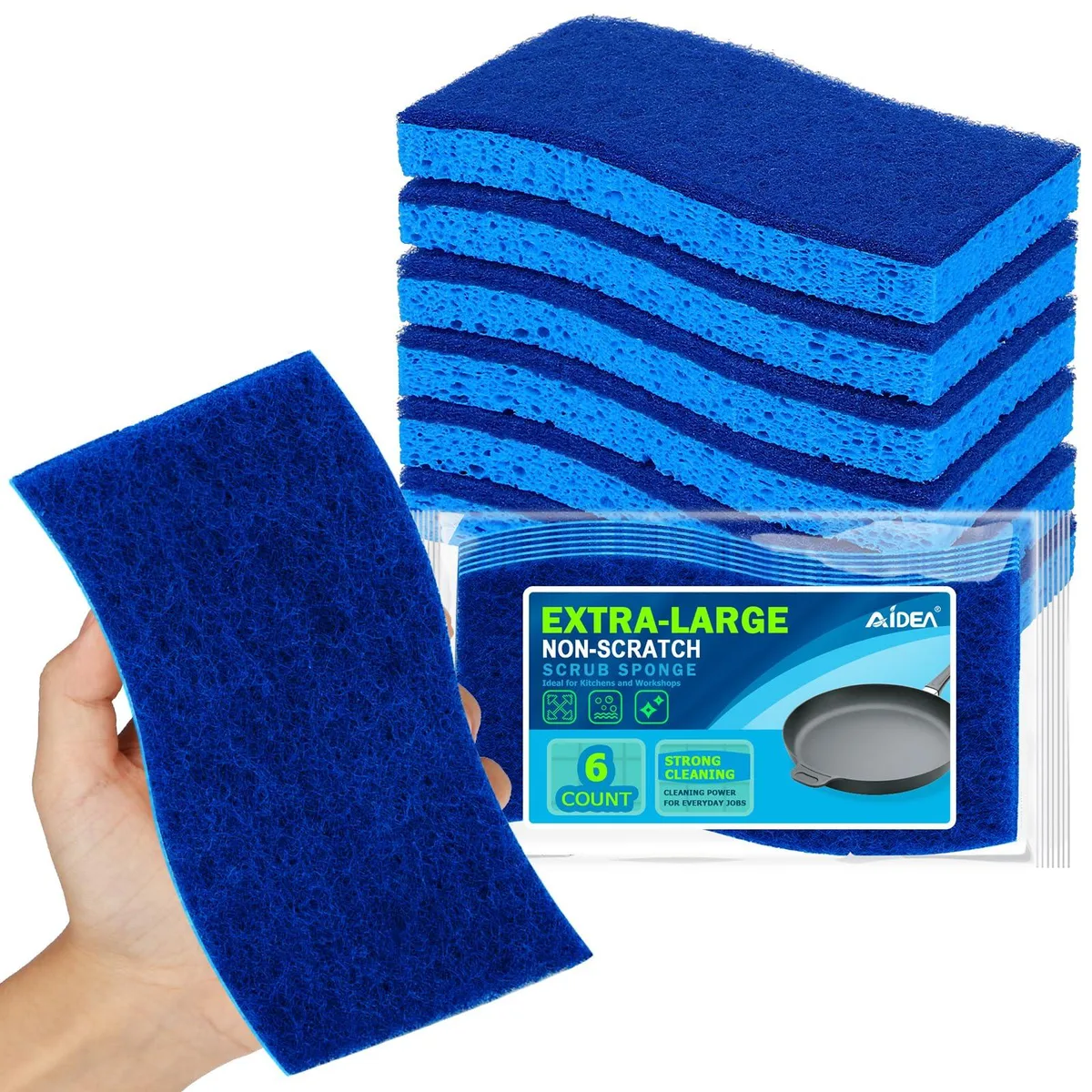 Six extra-large dual-sided sponges in a pack, yellow cellulose with white scrub pads