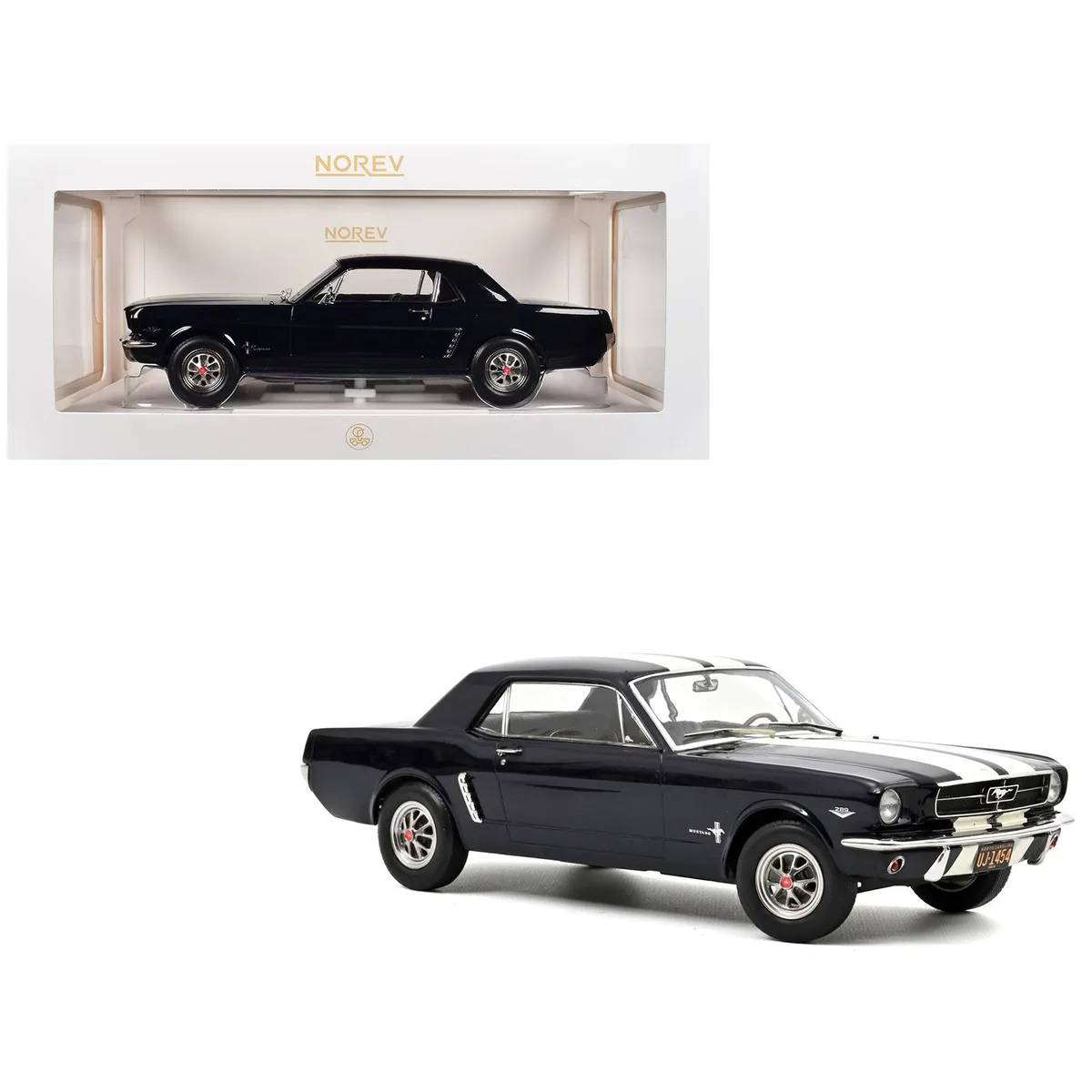 Norev Norev 1965 Ford Mustang Hardtop Coupe Nightmist Blue Metallic White Stripes 1/18 Diecast Hobby Collectible — product photo