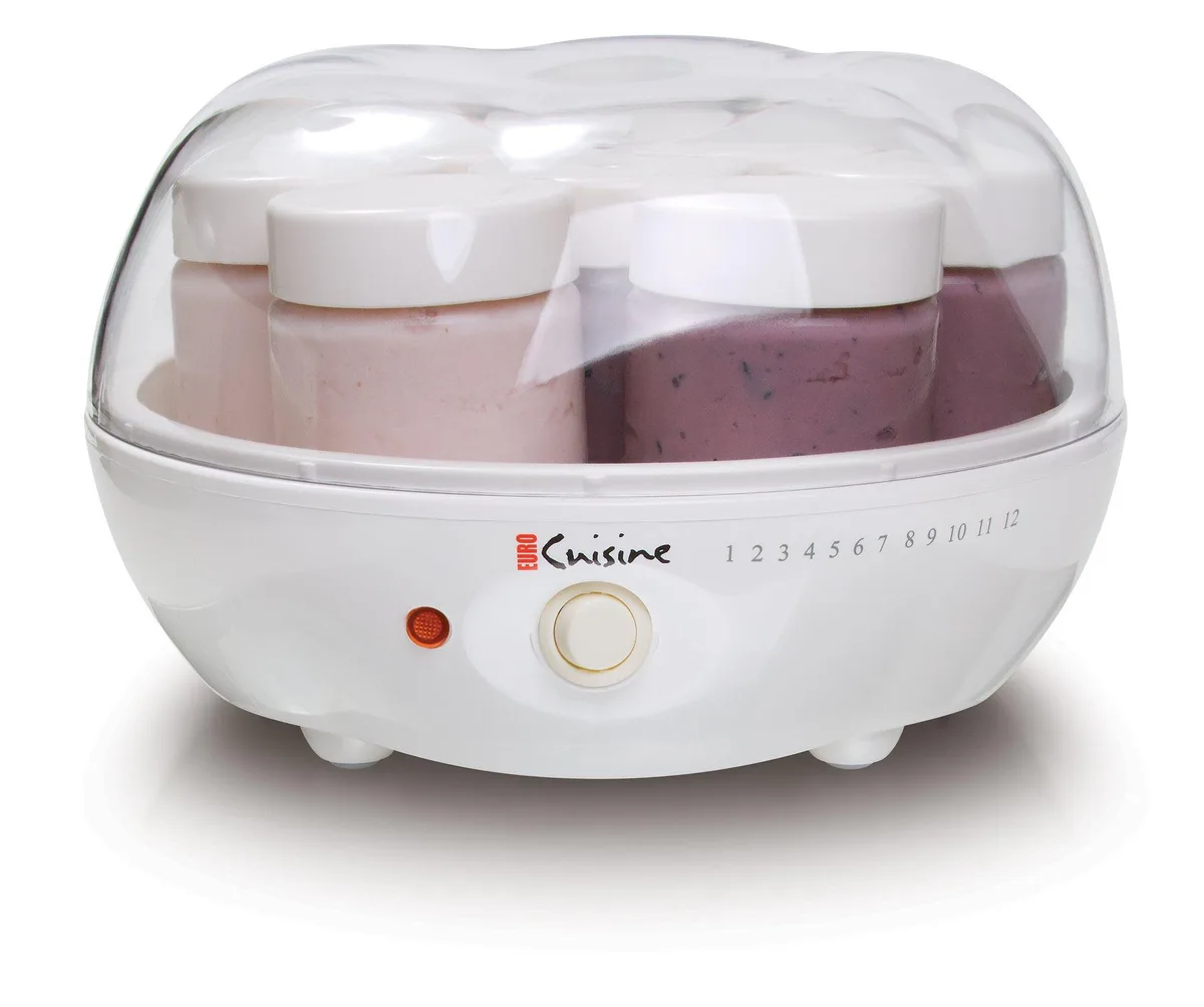 White yogurt maker with seven glass jars and transparent lid