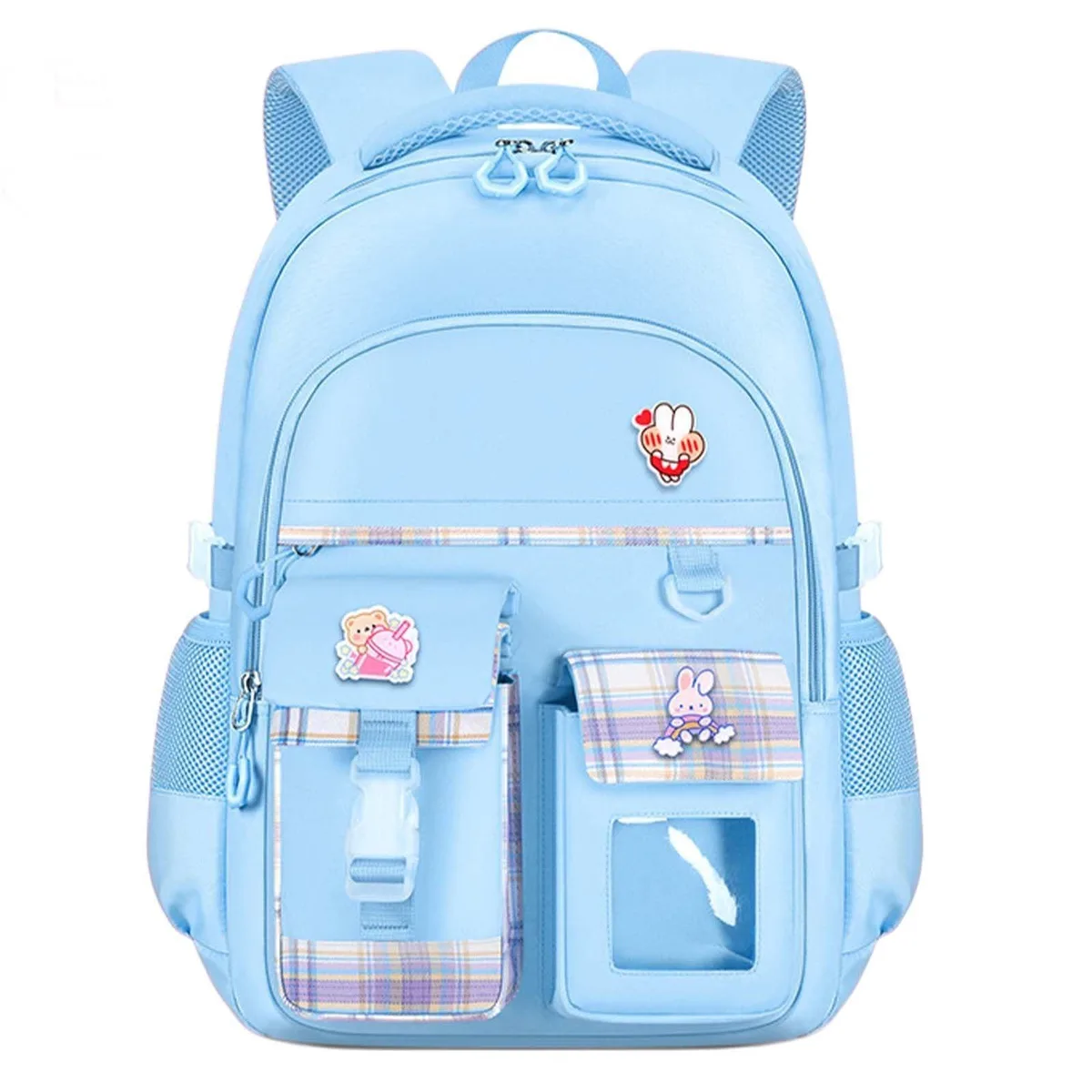 Blue oxford fabric backpack with adjustable shoulder straps, rectangular shape, top handle and front pocket