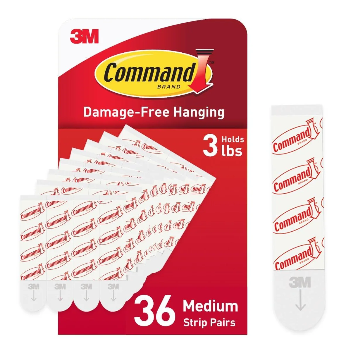 White foam adhesive strips in rectangular packaging, 36 count