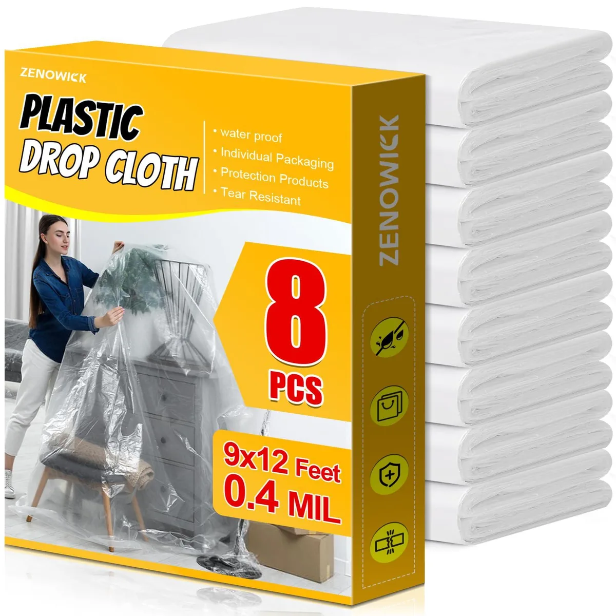 Eight clear plastic sheeting rolls each 9 by 12 feet point four mil thick