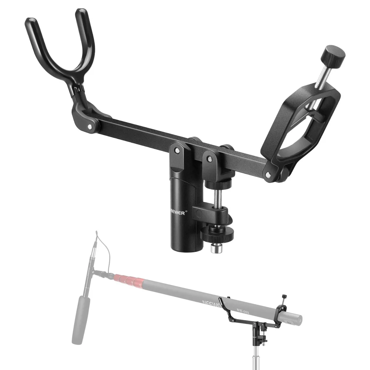  Neewer 10102356 Mic Boom Pole Support Holder 5/8" Stud 15°/30° Tilt 0.8-1.8" Clamp 17.6lb — product photo