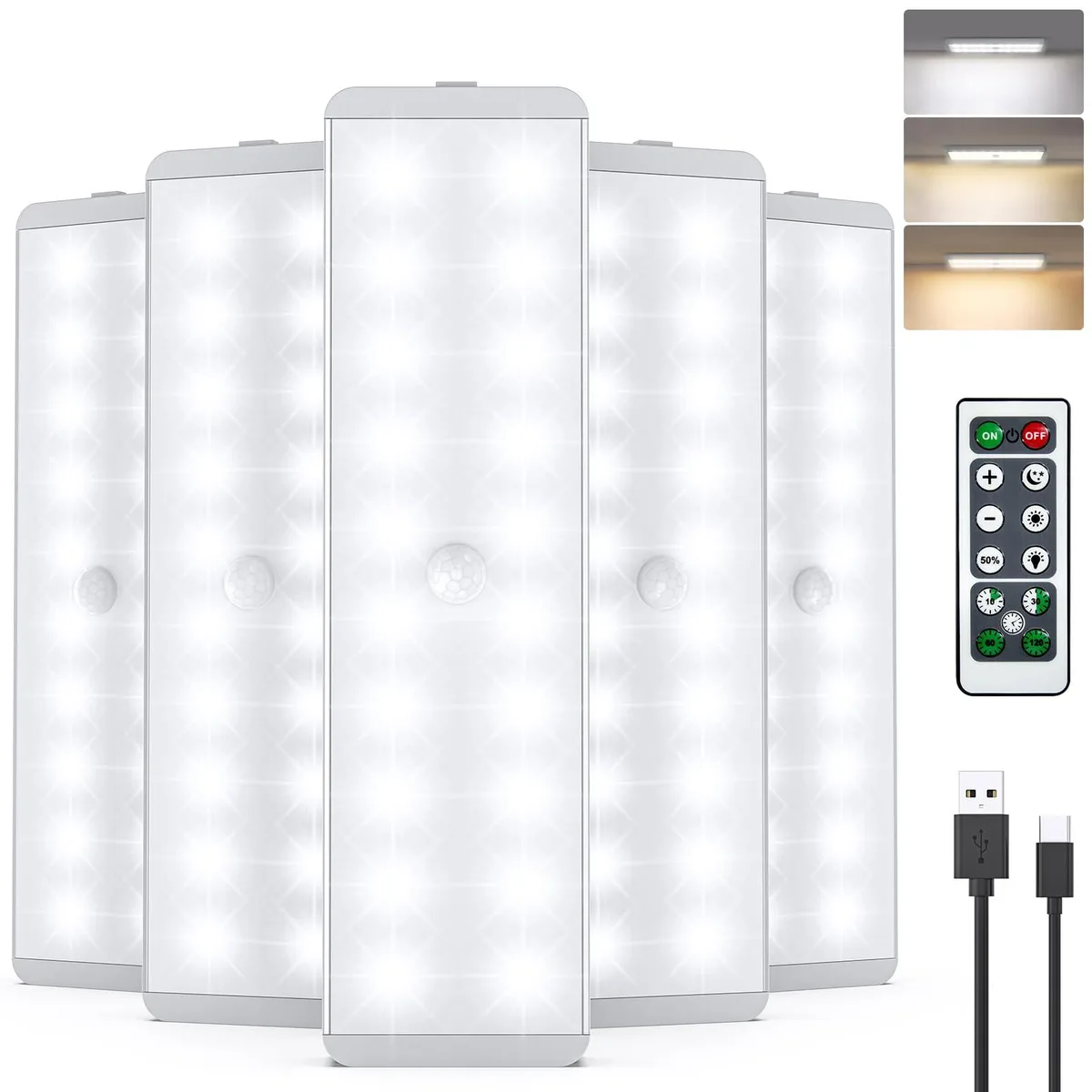 Five white rectangular LED bars with clear prismatic fronts shown in a pack of five