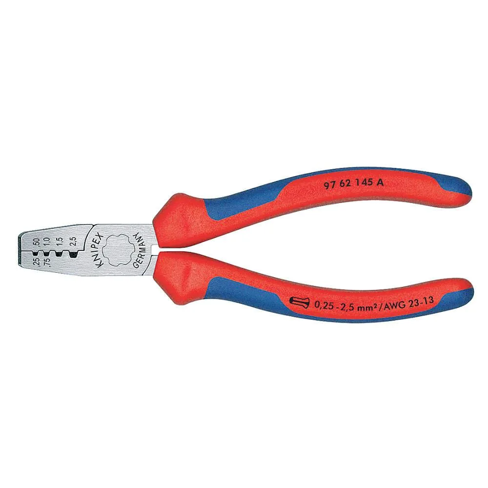Knipex crimping pliers with plastic grips, steel body, 5 3/4 inches long