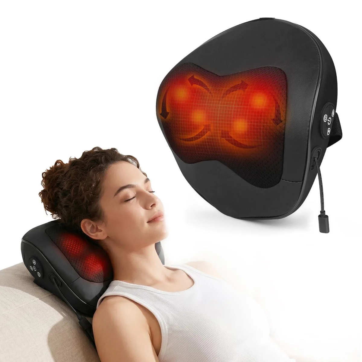 Black U-shaped massage pillow with fabric cover and control panel