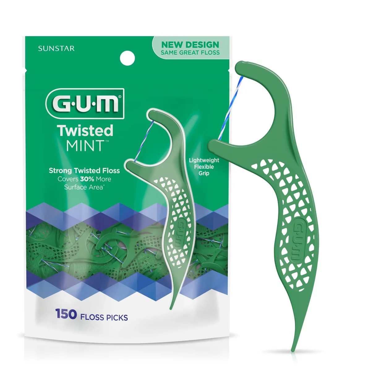 Green plastic dental floss picks in a rectangular pack