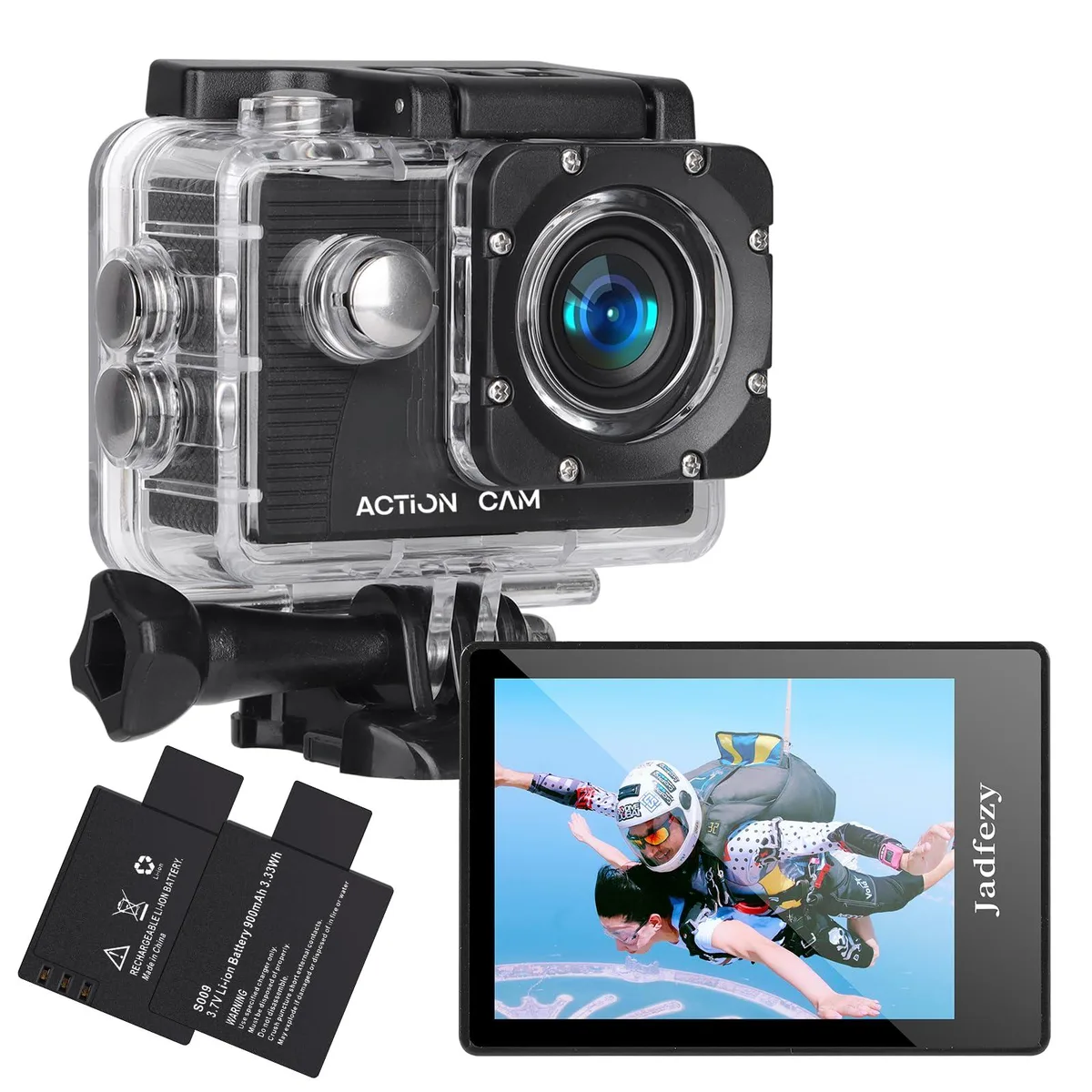 Jadfezy J-03 1080P 12MP Action Camera 30M Waterproof 2×900mAh — product photo