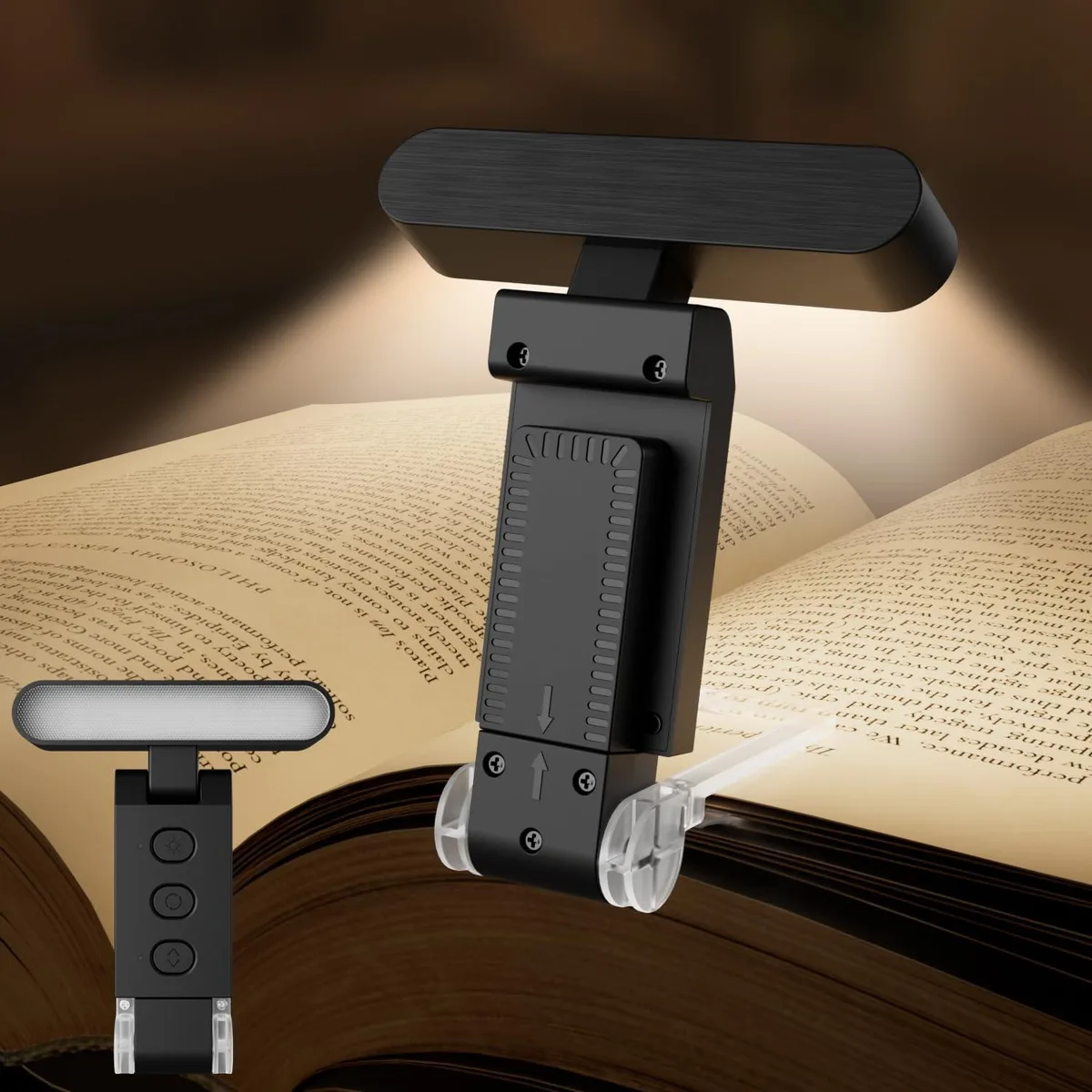 A white clip-on book light with 12 LEDs and flexible neck