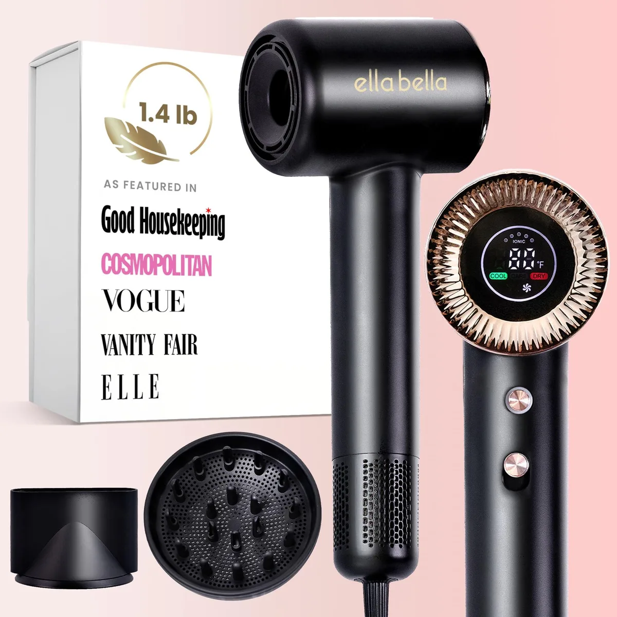 Black compact hair dryer with digital display, 11 inches long