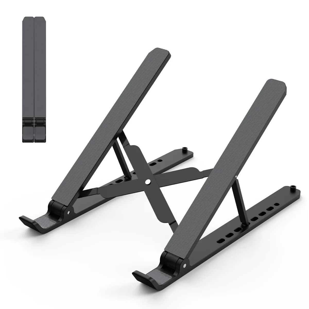 Black foldable laptop riser with open frame and silicone pads, shown folded flat