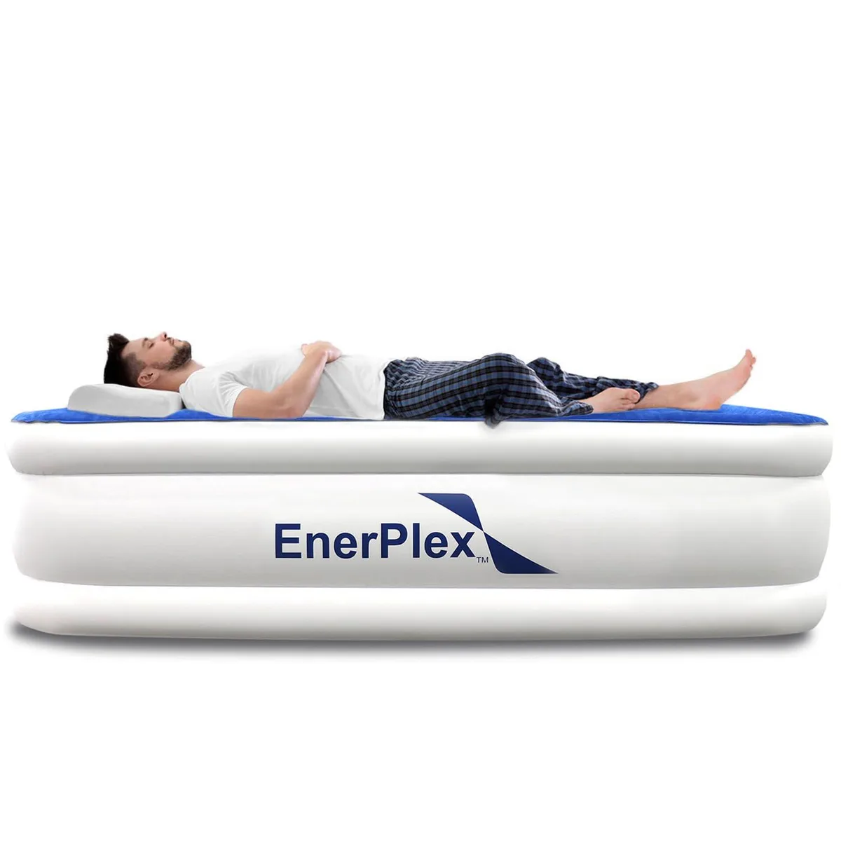 Rectangular blue and white queen air mattress 15 inches thick with built-in pump