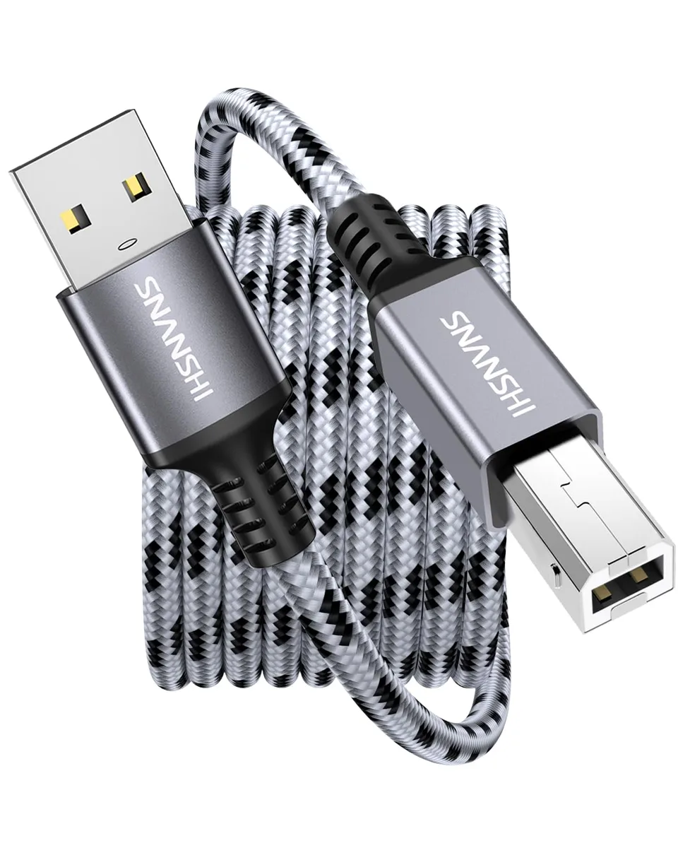Grey nylon-braided USB 2.0 Type-A to Type-B male cable, 25 ft
