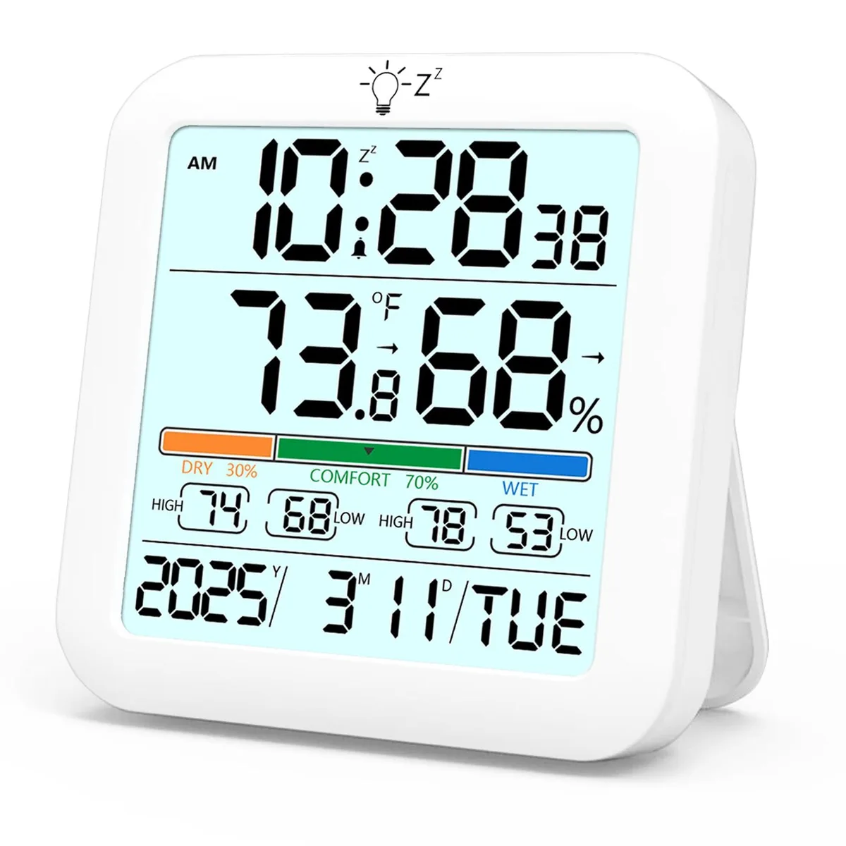 Compact digital thermometer hygrometer clock with 3.4-inch LCD display showing temperature humidity time and comfort icons