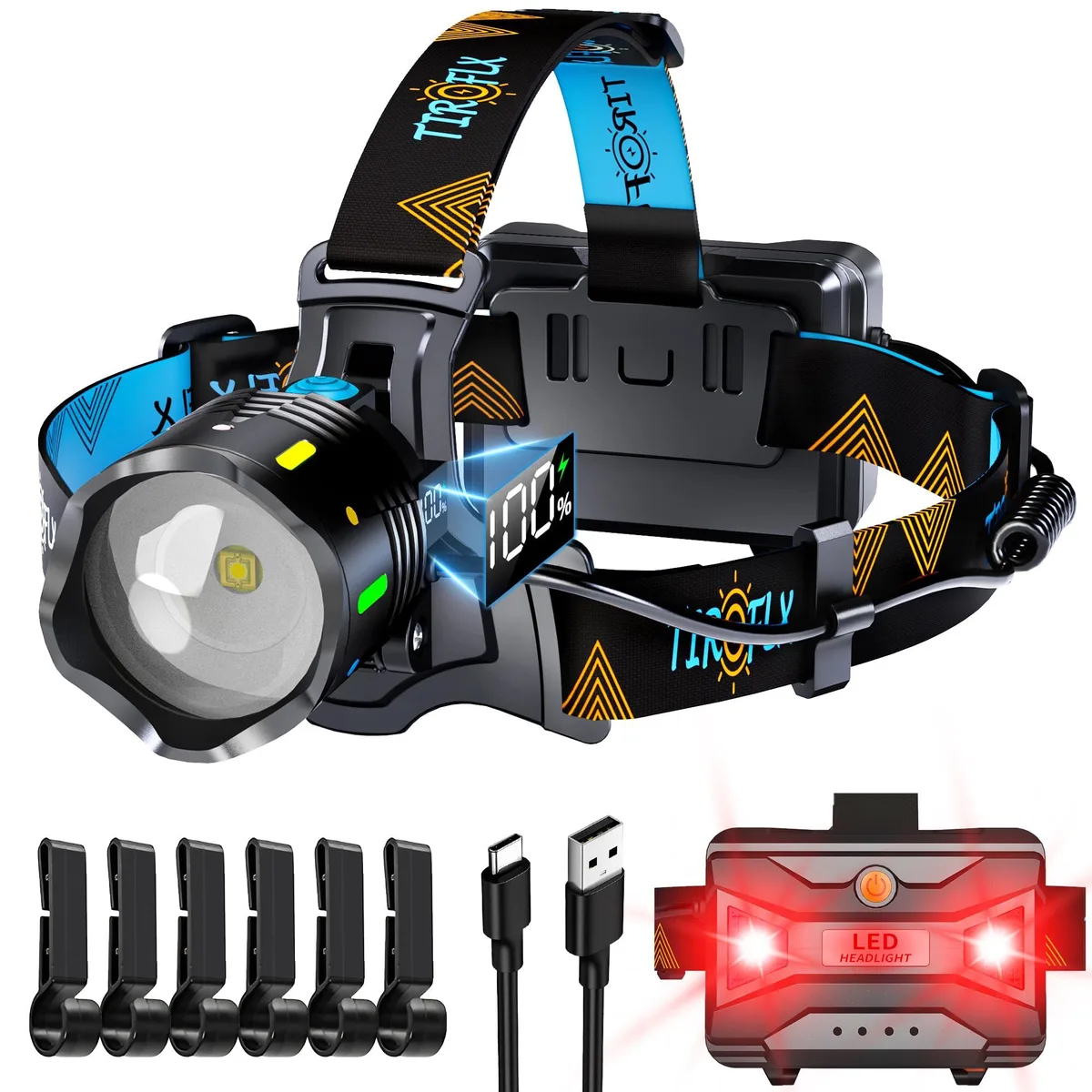 Compact headlamp with padded forehead band, adjustable strap, tiltable LED module, Type-C port and digital battery indicator