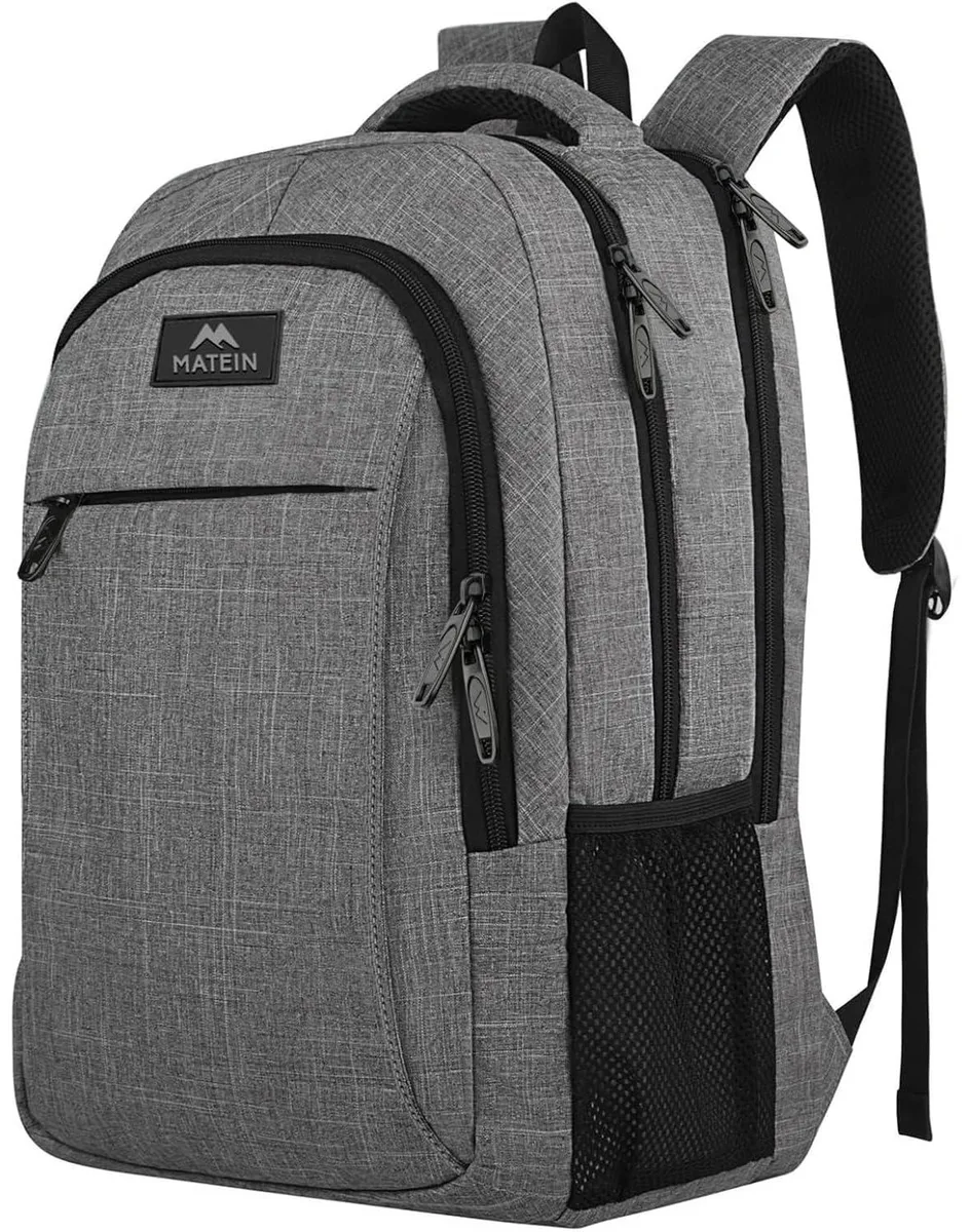Grey polyester laptop backpack with padded straps and top handle