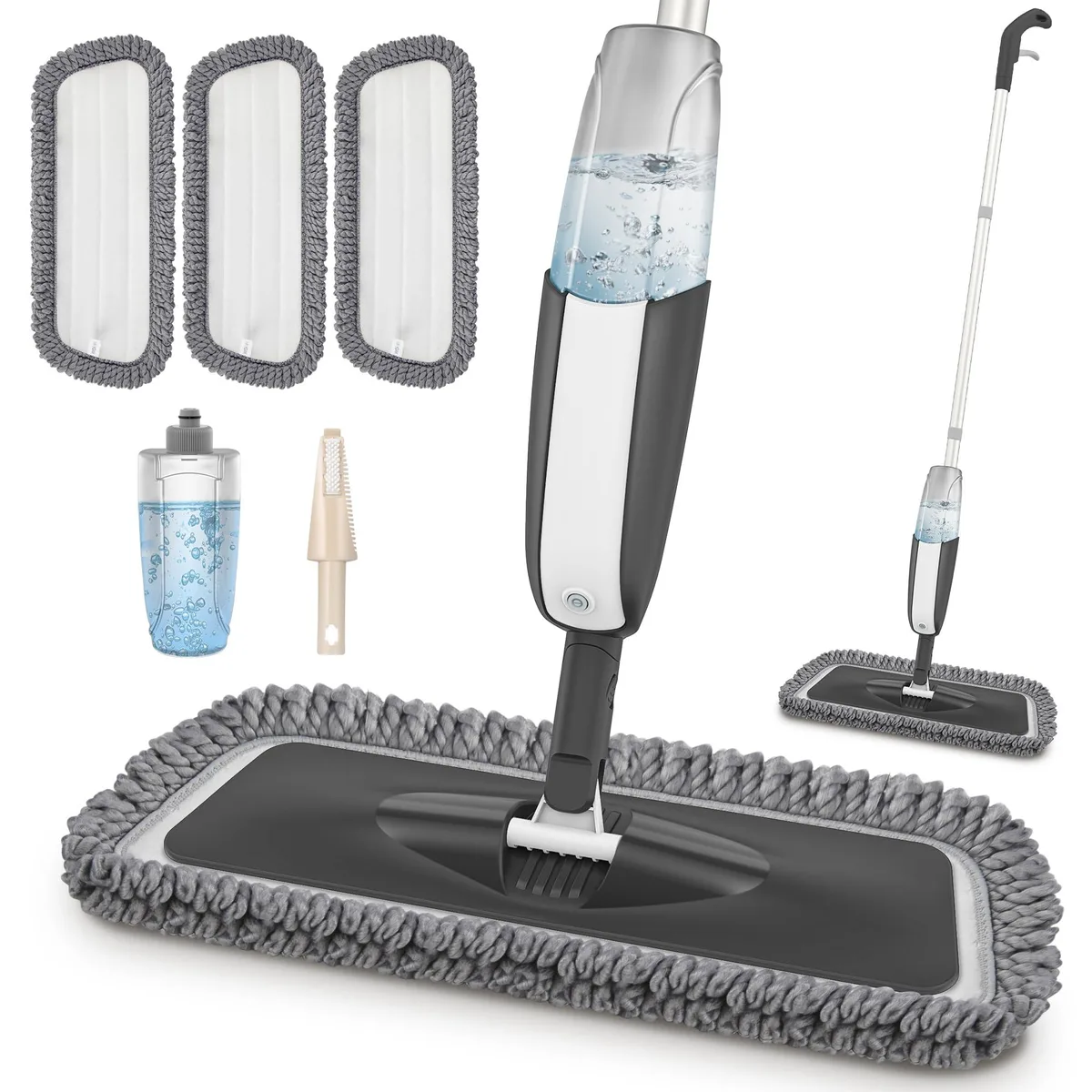 White 3M spray mop with 120 cm pole, 41 cm wide microfiber head, refillable bottle, three washable pads