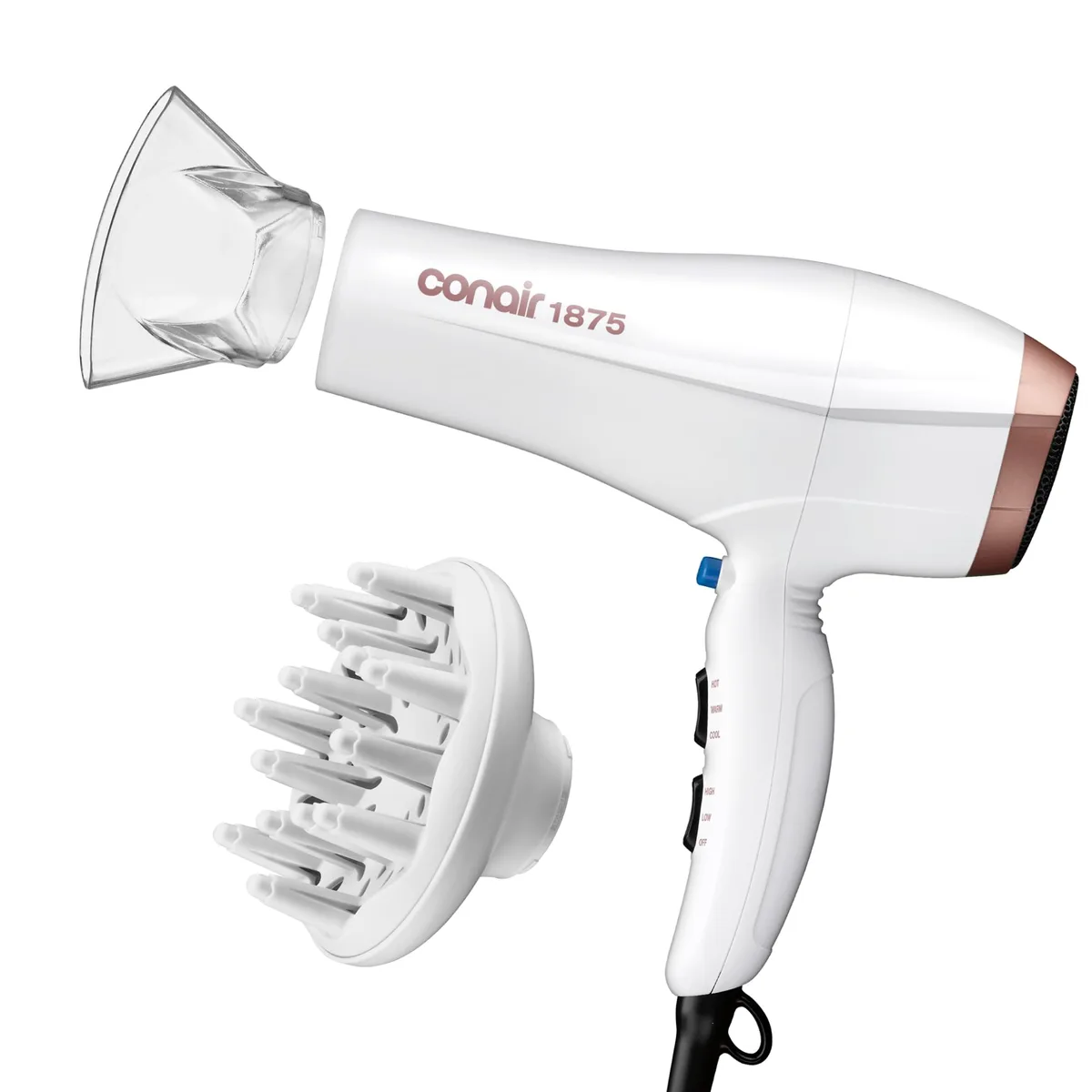 White 1875W hair dryer with diffuser and concentrator attachments