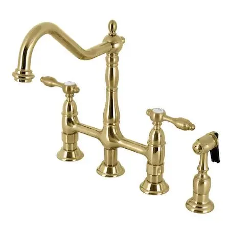 Brushed brass bridge kitchen faucet with side sprayer