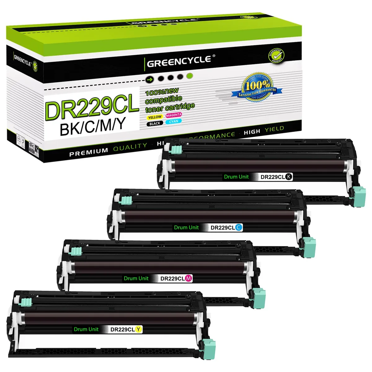 Four green drum units in black yellow cyan magenta colours