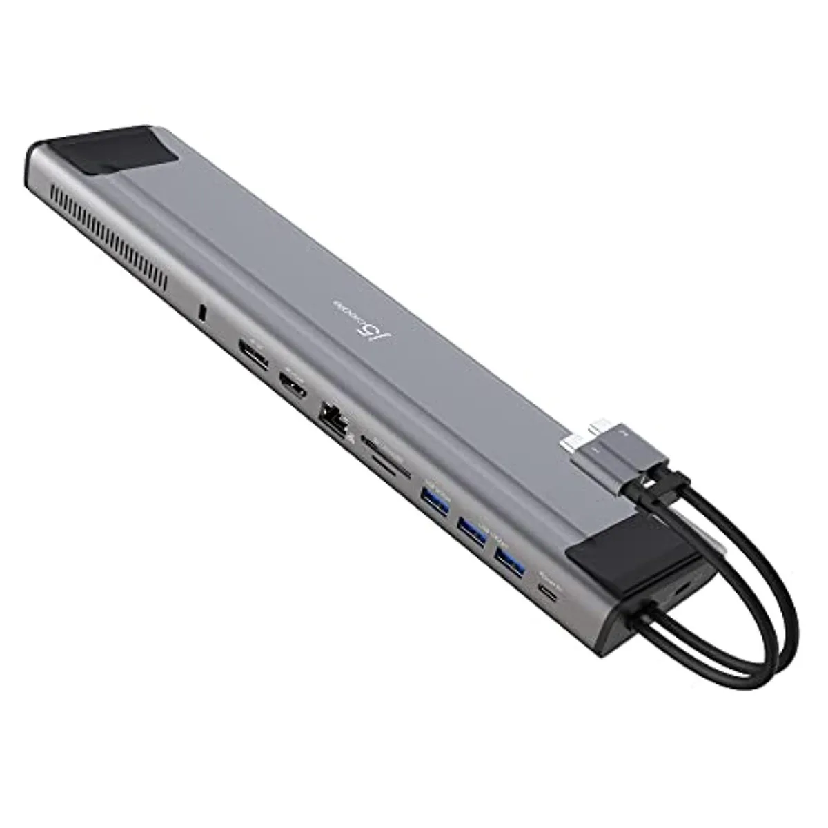 Compact rectangular docking station with dark matte finish, multiple ports on front and back, detachable magnetic USB-C cable attached