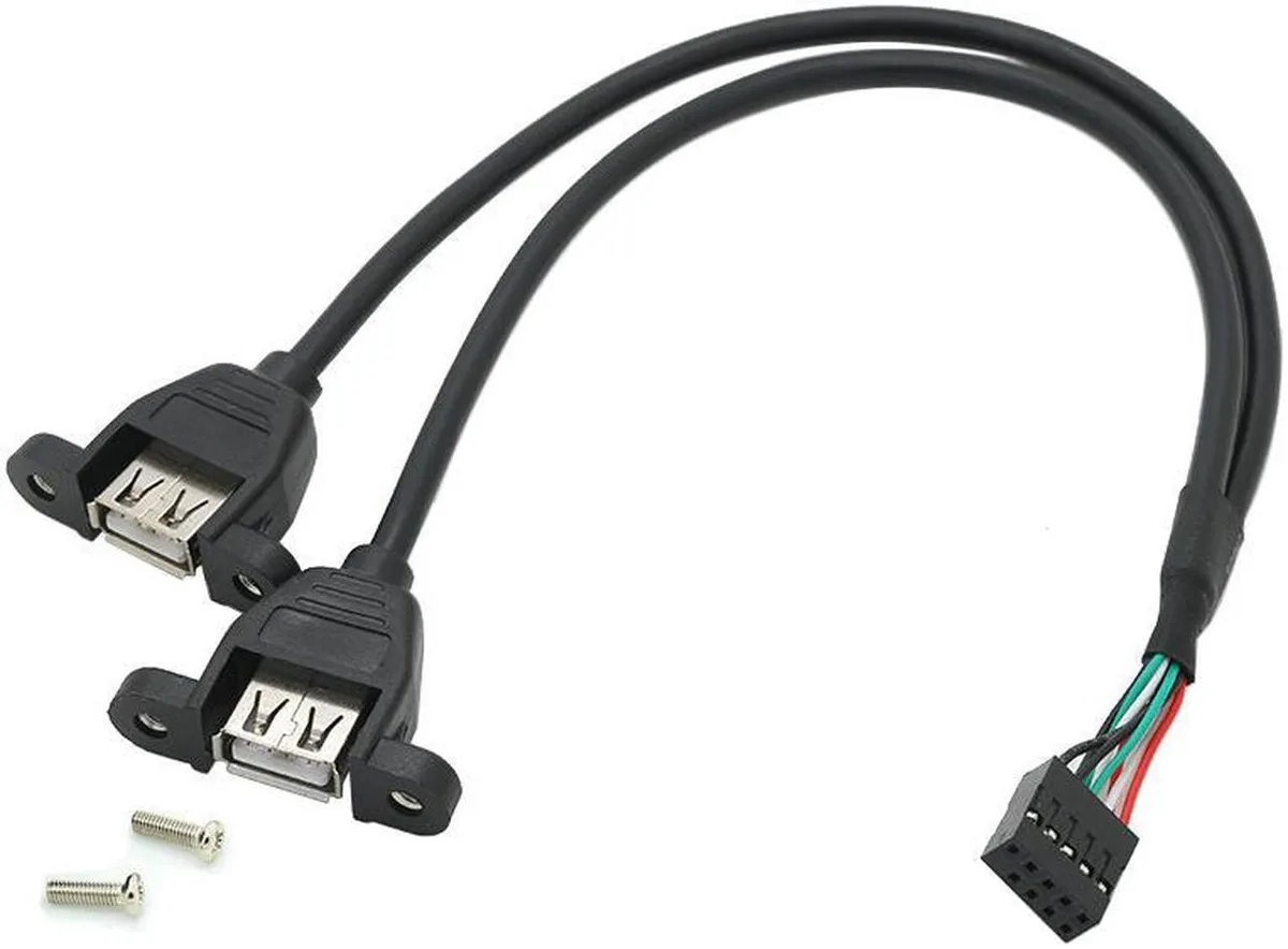 Black panel-mount USB 2.0 cable with 9-pin motherboard header and two USB-A female ports with mounting screws