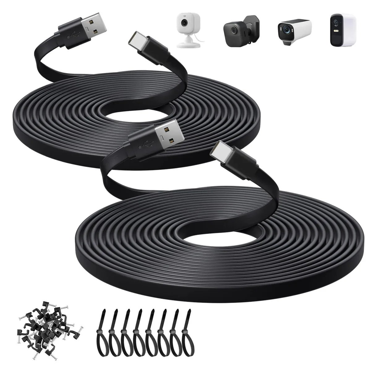Two black flat USB A to C cables ten feet long