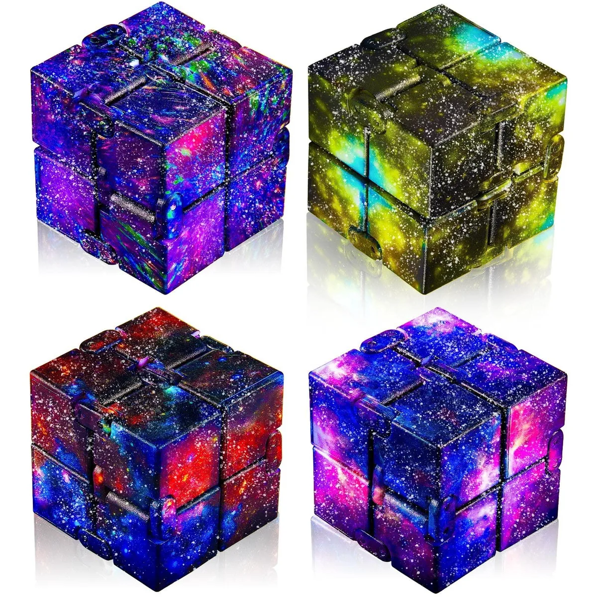 Four small plastic cubes in galaxy colours, each folding into itself