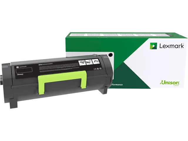 Rectangular black Lexmark toner cartridge with green label and return program marking