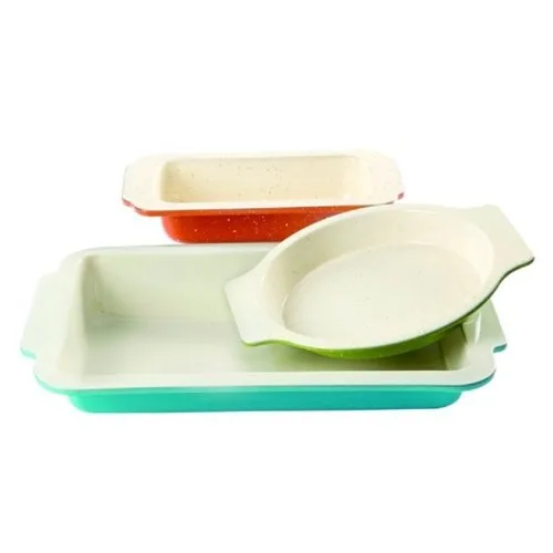 Three ceramic bakeware pieces in orange lime green and turquoise