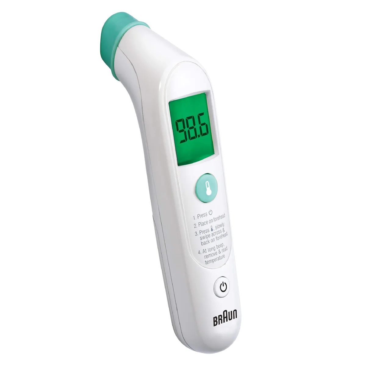 White handheld temple thermometer with backlit color-coded display