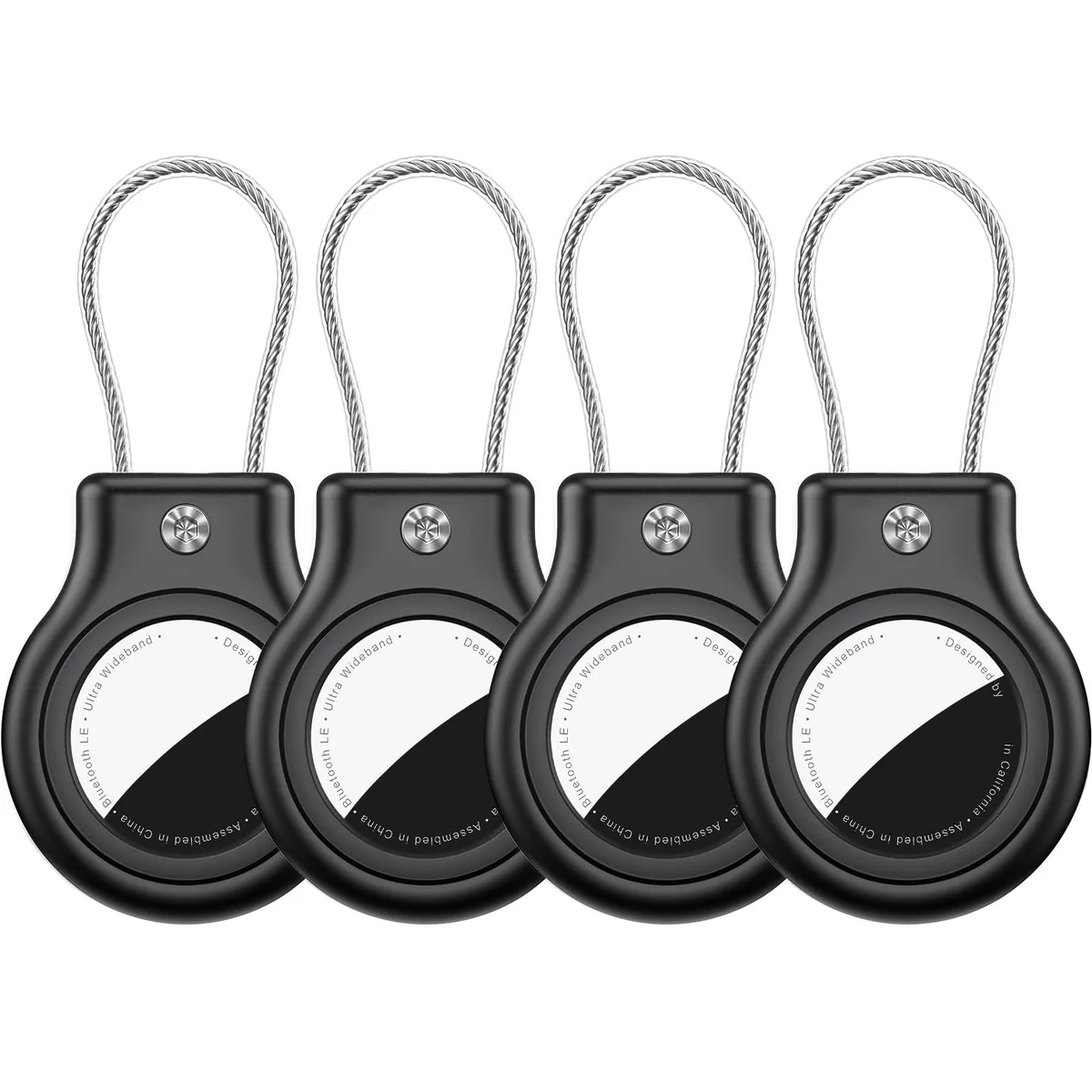 Four black AirTag holders with stainless steel cables and Allen-key locks