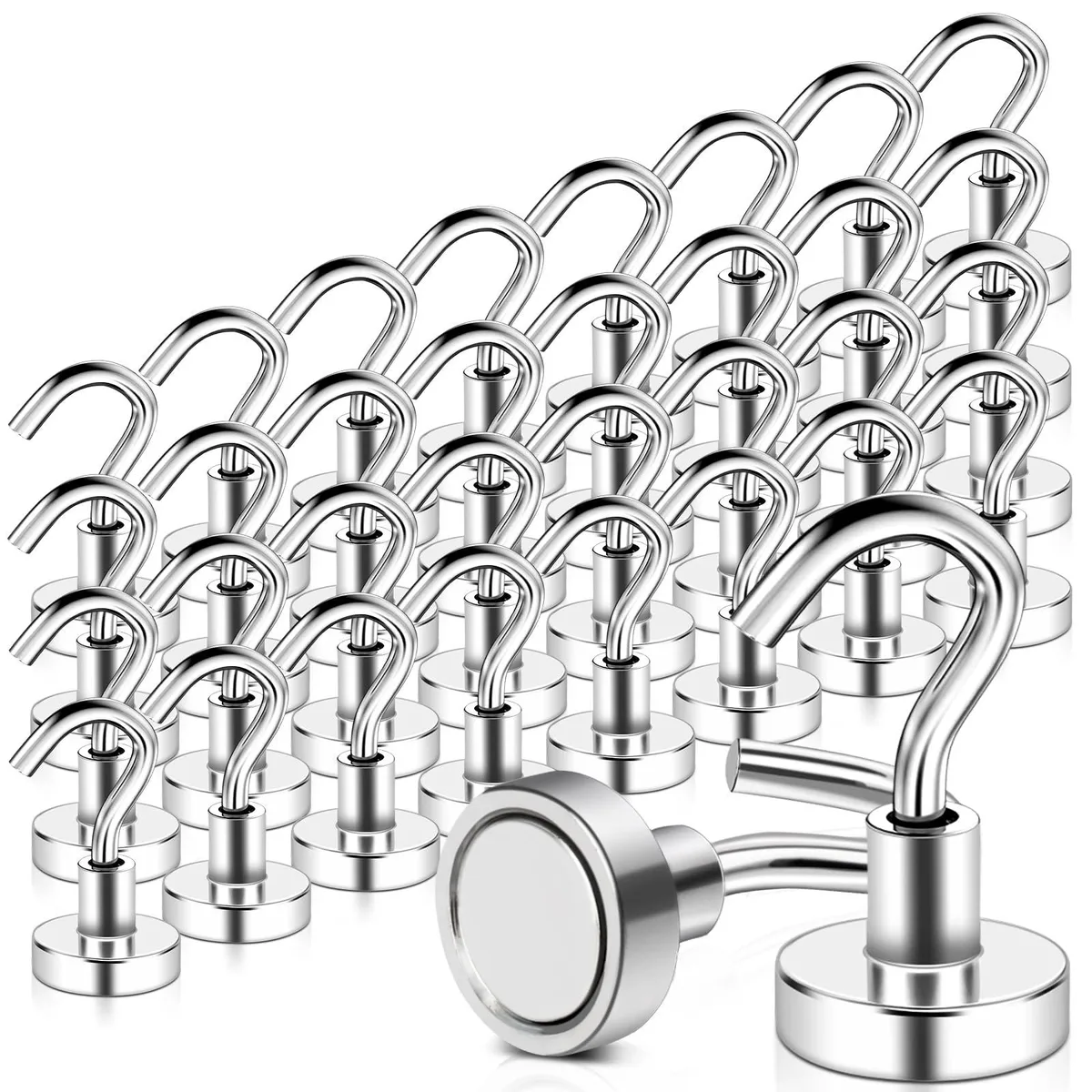 Thirty-two silver magnetic hooks with curved metal loops on round bases