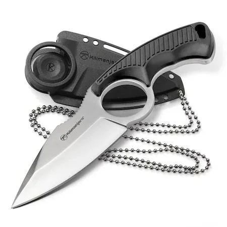 Compact 6.4 inch neck knife with rubber handle and stainless steel drop point blade in multi colour sheath
