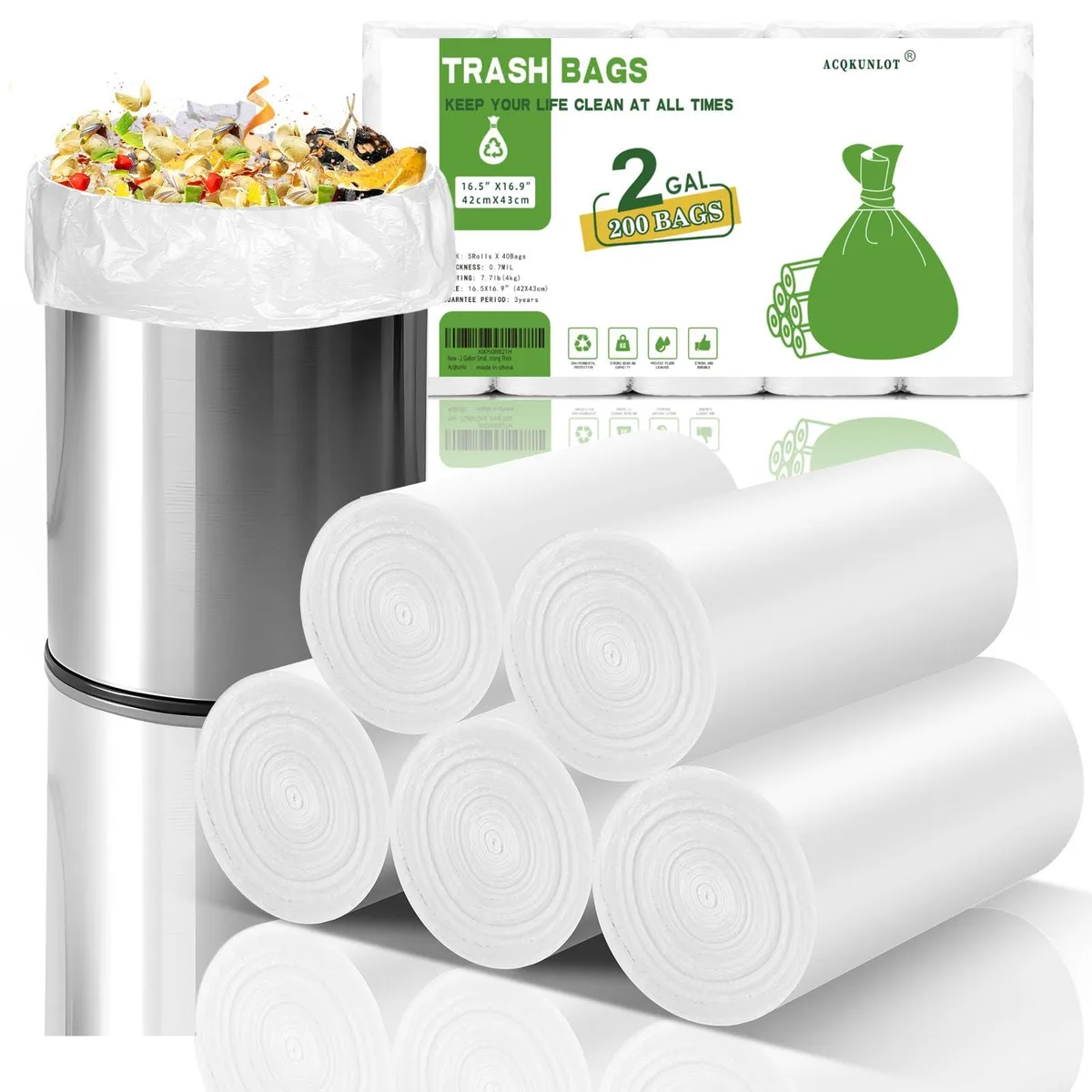  ACQKUNLO 2 Gallon Small Bathroom Trash Bags 200 Count White Biodegradable — product photo