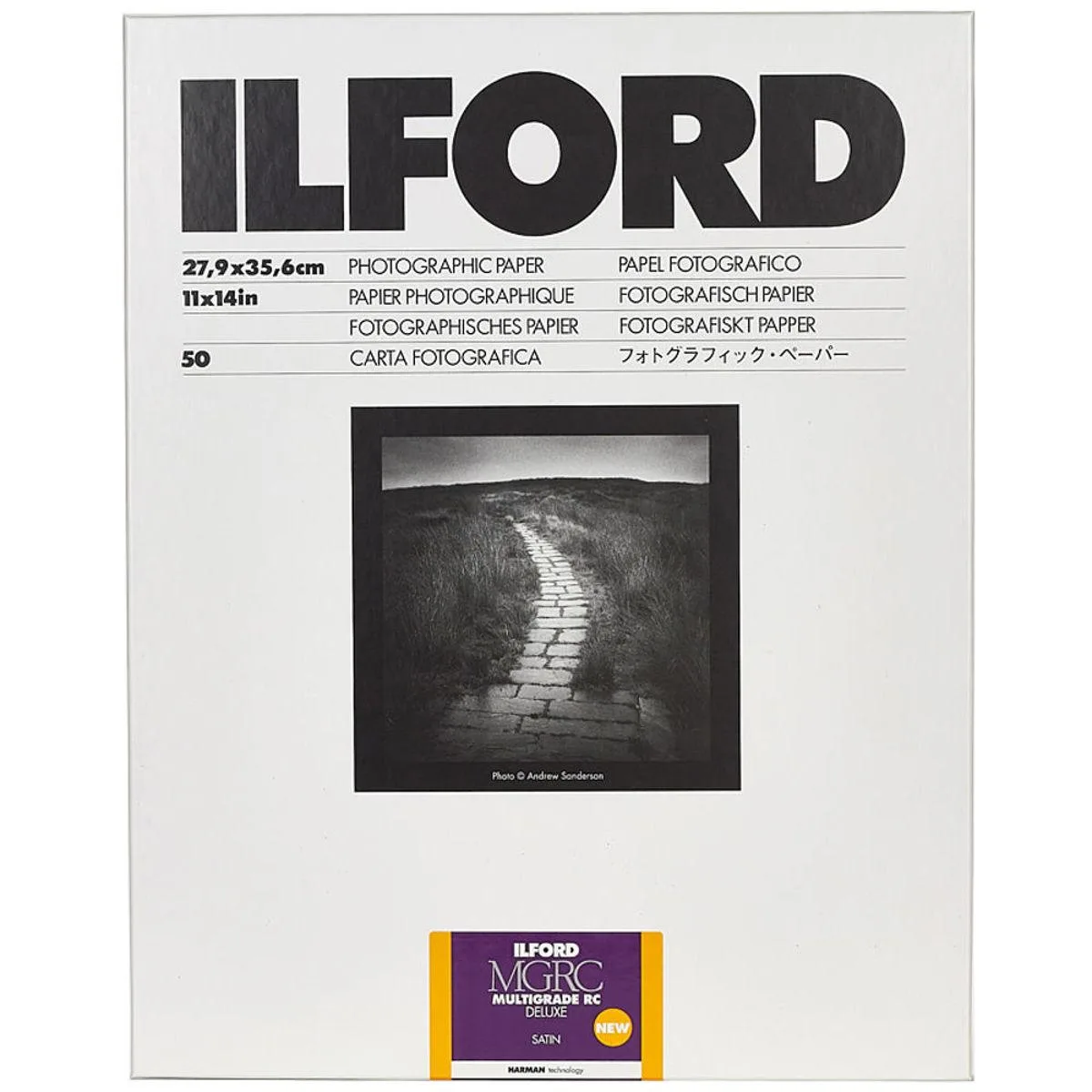Boxed pack of 11 by 14 inch satin black and white photo paper, 50 sheets