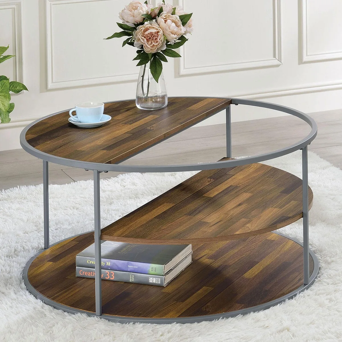 tuphen tuphen Industrial Coffee Table Gray Walnut 3-Tier Half Shelves — product photo