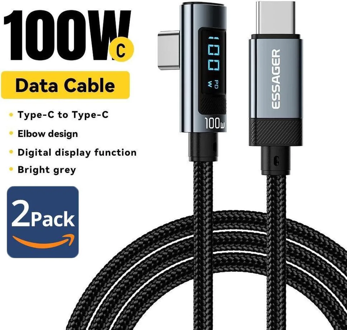 SMUGDESK SMUGDESK USB C Cable with LED Display 6.6ft 2-Pack 100W — product photo