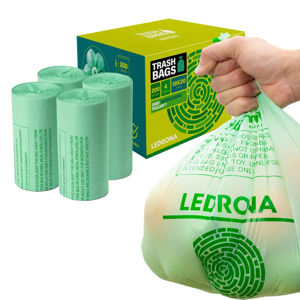 Green compostable trash bags on roll 200 count 4 gallon