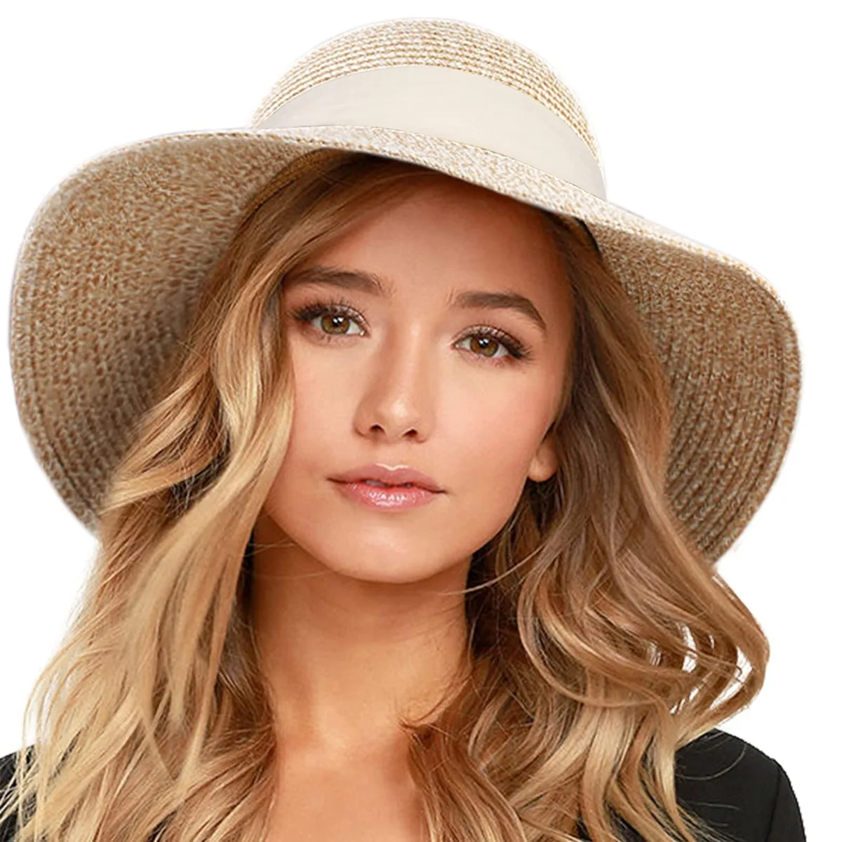  FURTALK Women's Wide Brim Sun Hat Beige Paper Straw Foldable Adjustable Chin Strap M/L 21.6-22.4 — product photo