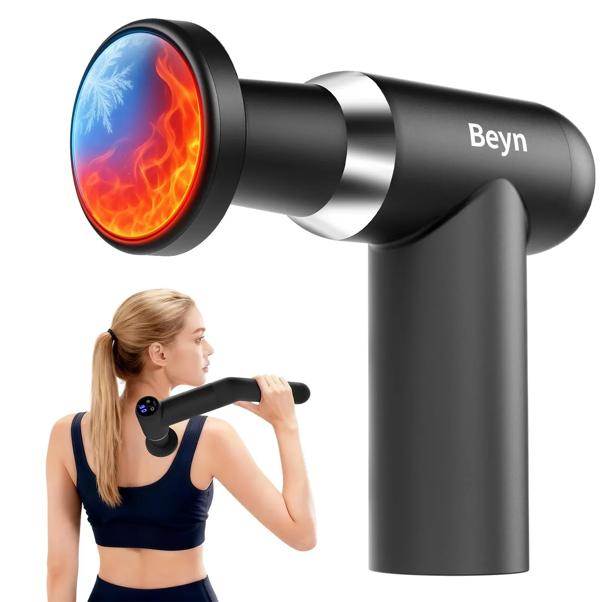 Blue handheld massage gun with LCD display and six interchangeable heads