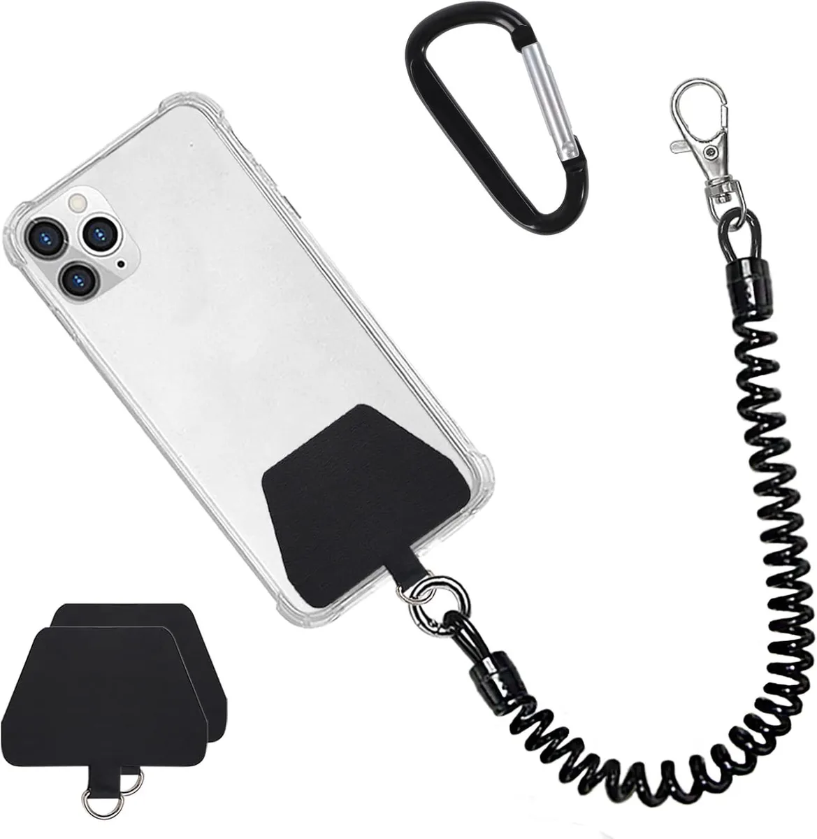 Phone lanyard tether with thin anchor patch and coiled stretchy strap loop